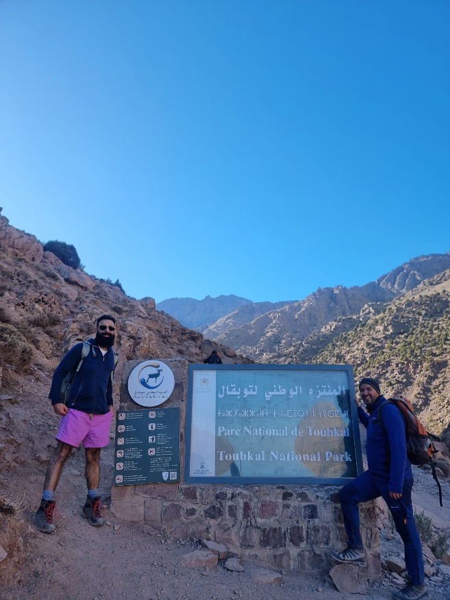 A pair of trekkers at Mount Toubkal in the Atlas Mountains.