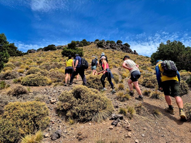 group of people on a hike in the mountains