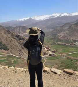 A hiker standing on a rocky overlook, gazing across a green valley toward snow-capped mountains under a clear blue sky.