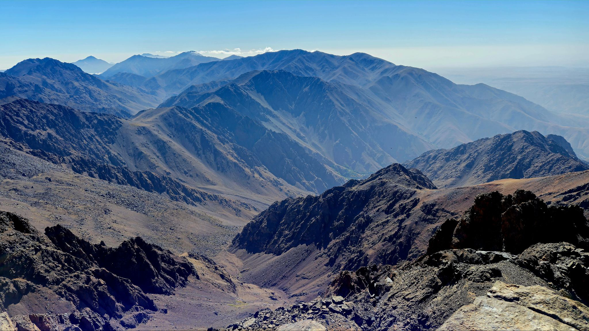 Panoramic view of the Atlas Mountains during a Mount Toubkal trek in Morocco