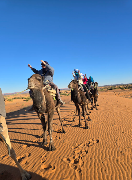 A group of people on camels in a desert 