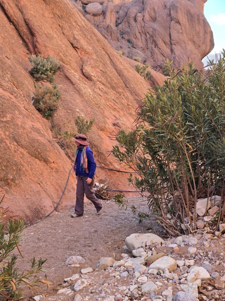 A person trekking with a thick jacket and hat on